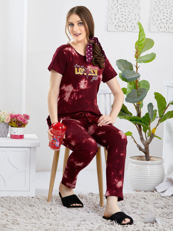 Maroon Coloured Premium Tie Die- Hosiery Printed Round Neck Short Sleeves Woman Designer Stylish Top & Pant Night suit!!