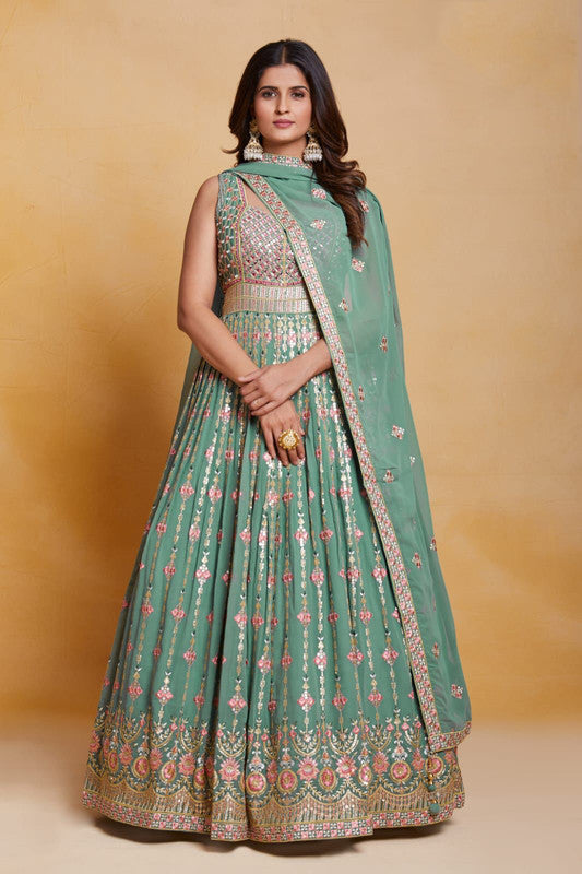 Light Green Coloured Georgette with Sequence Thread Mirror Work Woman Designer Party wear Lehenga Choli with Dupatta!!
