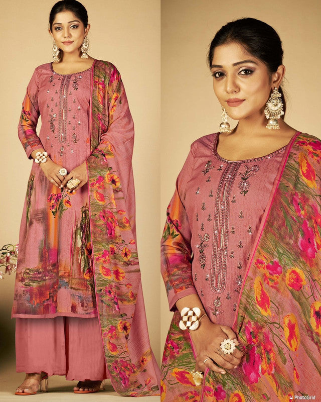 Pink Coloured Premium Soft Cotton Printed Embroidery Work & Swarovski work Top with Plazzo & Dupatta Set!!