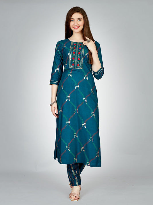 Rama Blue & Multi Coloured Heavy Rayon with Embroidery work Women Designer Daily wear Kurti with Pant!!