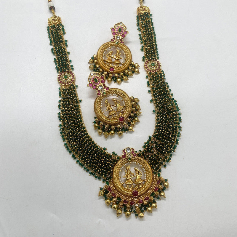 Gold & Green Coloured Pure Brass Real Kundan Gold Plating with Pearls Women Temple Design Wedding Baarath Long set with earrings!!