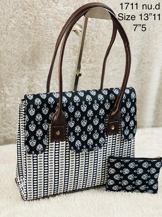 Blue & White Coloured Pure Cotton Printed Women Multiple Partition Hammer Tote Bang- 2 PCS Combo( Tote Bag & Phone Pouch)!!