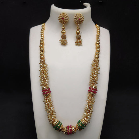 Red & Green Beautiful Brass Gold Plating Pearls Mala set with Earrings!!