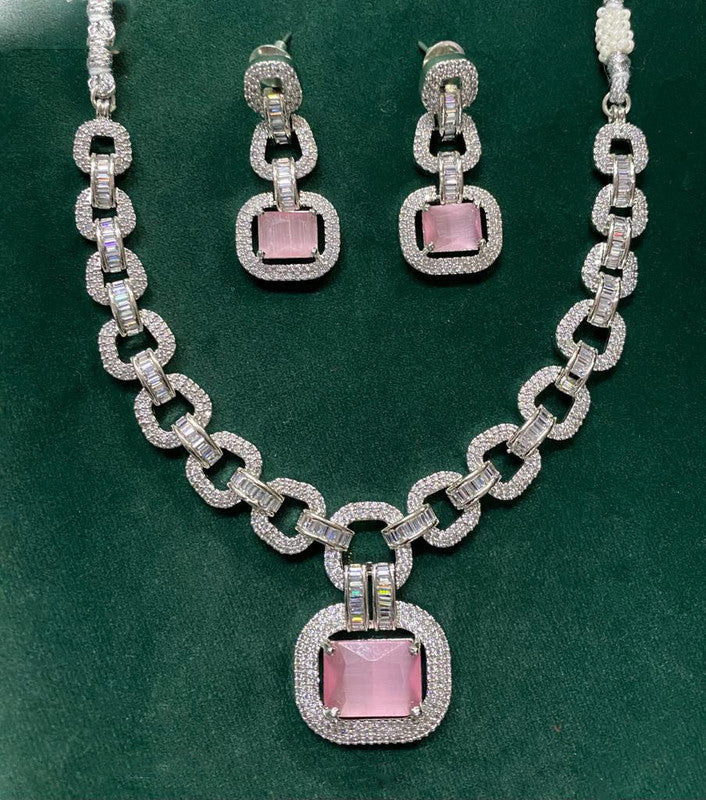 Premium Quality Pink Silver Plating AD jewellery Necklace Set with Earrings!!