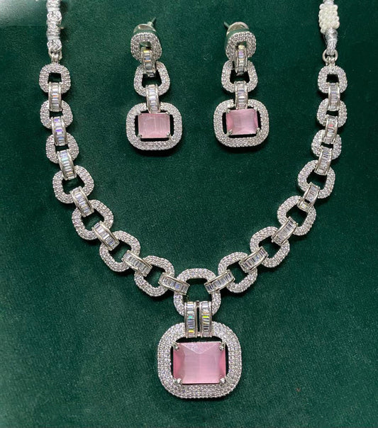 Premium Quality Pink Silver Plating AD jewellery Necklace Set with Earrings!!