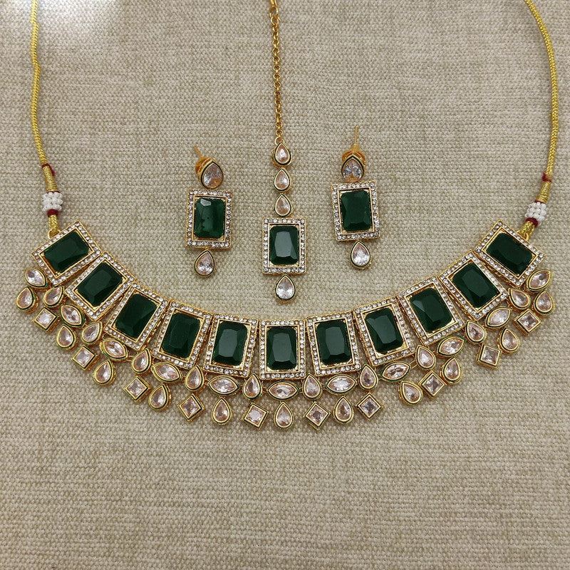 Exclusive Green Gold Plating Kundan Jewellery Reverse AD Necklace set with Earrings & Matha Patti!!