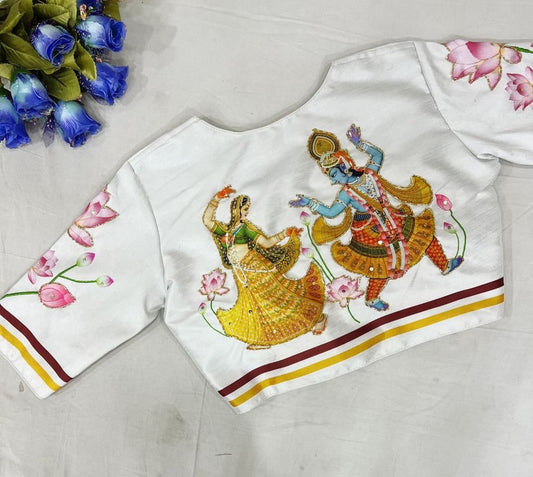 Radha Krishna White Pure Silk Handmade work Readymade Blouse!!