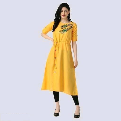 Yellow Coloured Premium Rayon Peacock feather Print Women Designer Daily wear Kurti with Belt!!