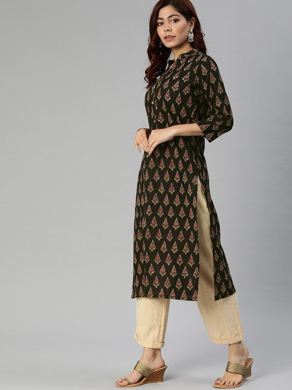 Black & Red Coloured Printed Mandarin collar 3/4 Sleeves Women Designer Party/Daily wear Cotton Straight Shape Kurti!!