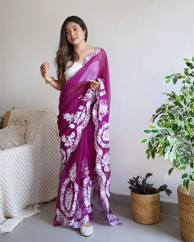 Purple Coloured Organza Silk with Embroidery & thread work Women Party wear Designer Organza Silk Saree with Blouse!!