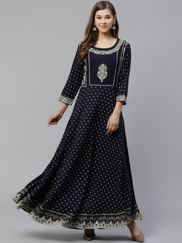 Women Navy Blue & Golden Printed A-Line Viscose Rayon Kurta!!