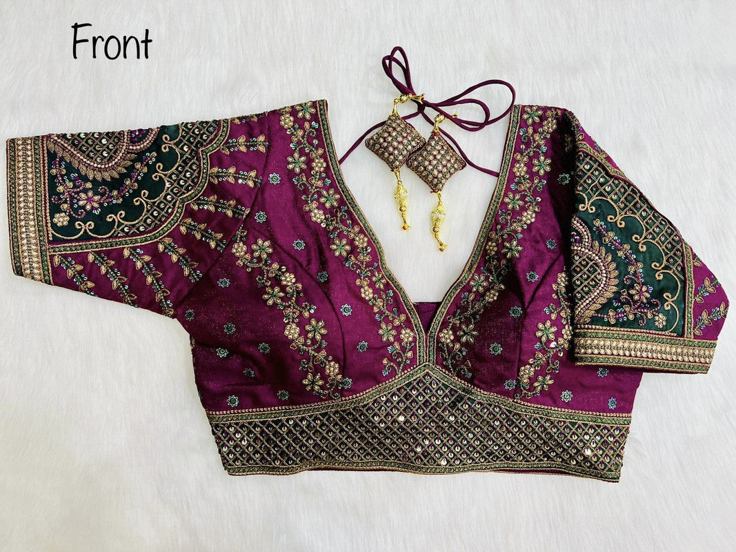 Black Coloured Milan Silk Copper Jari With 4 Sequence Heavy Embroidery Work Ready Made Wedding Blouse!!