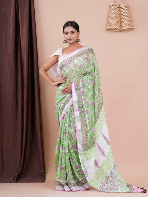 BEAUTIFUL LINEN HAND BLOCK PRINT SAREE