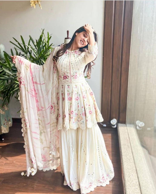 Off White & Pink Coloured Heavy Fox Georgette Heavy Embroidery Real Mirror Hand work 3/4 Sleeves Women Fully Stitched Designer Party/Daily wear Top with Plazzo & Dupatta!!