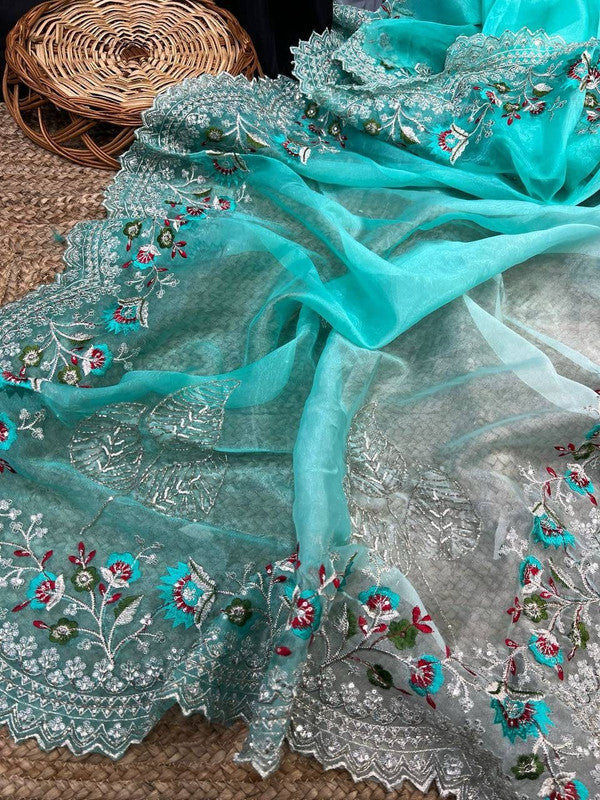 Aqua Blue & Multi Coloured Pure Organza Silk with Double shaded Print, Sequence & Hand Women Festival/Party wear Designer Organza Silk Saree with Blouse!!