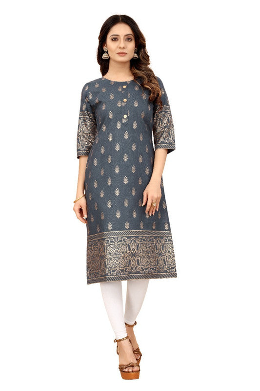 Grey Blue Coloured Cotton Gold Foil Printed 3/4 Sleeves Stright Fit Kurti!!