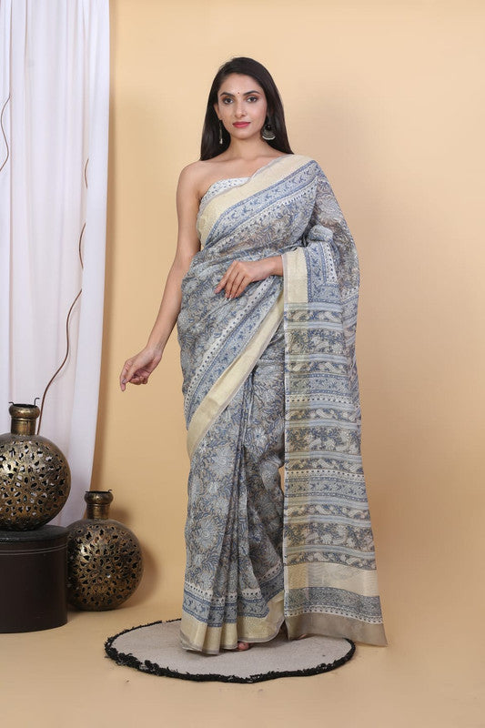 Cream & Multi Coloured Hand Block Printed Women Designer Party wear Maheshwari Cotton Silk Saree with Runnin Blouse!!