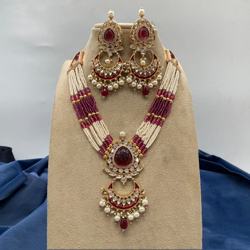 Beautiful Maroon & White Coloured Premium Quality Pure Brass Real Kundan Heavy Bridal Pearls mala set with earrings for Women!!