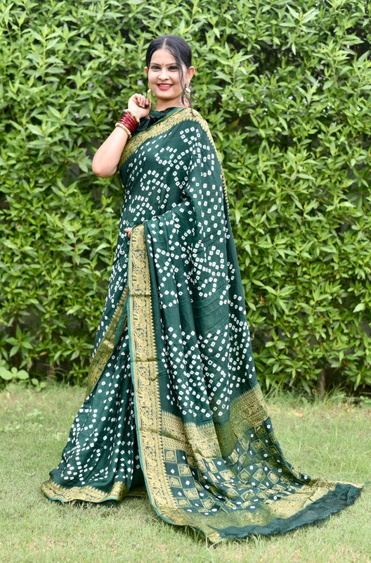 Green & Multi Coloured with Zari Weaving & Bandhani Print Women Designer Party wear Art Silk Saree with Blouse!!