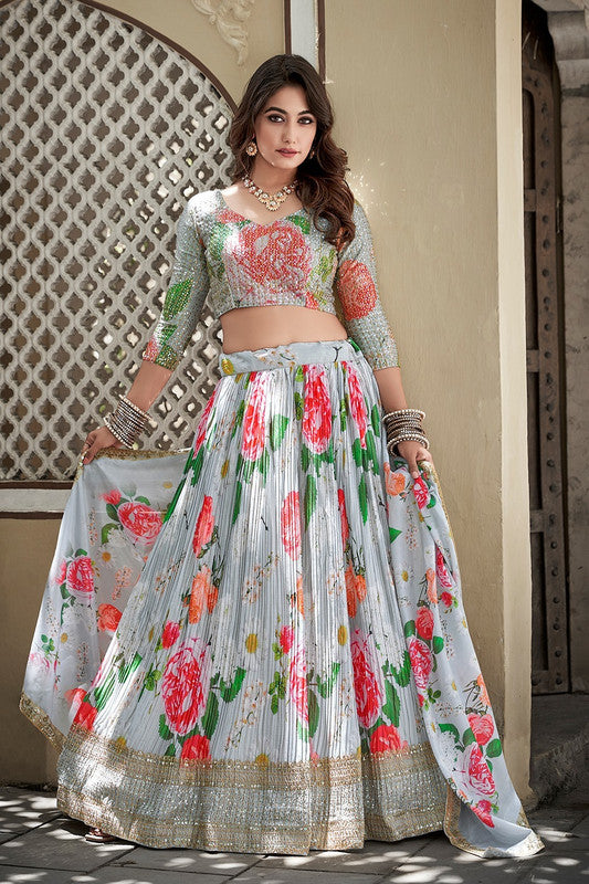 Grey & Multi Coloured Crushed Chinon Digital Printed with Sequence Work Woman Designer Party wear Lehenga Choli with Dupatta!!