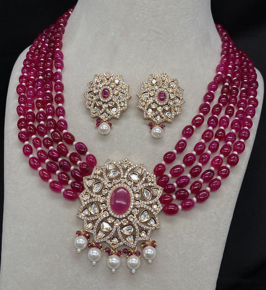 Dark Pink Coloured Beautiful American Diamonds with Real Glass Polki pearls Women Designer Silver Plating Long Bridal Necklace set with Earrings!!