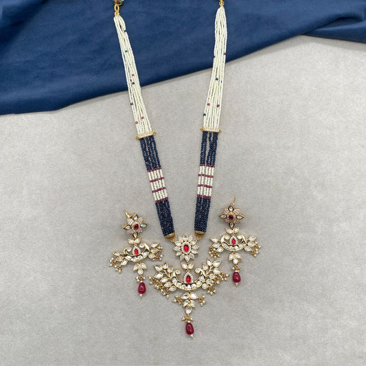 Gold & Multi Coloured Pure Brass with Real Kundan & Pearls Women One Gram Gold Designer Long Hara with Pendant & Earrings!!