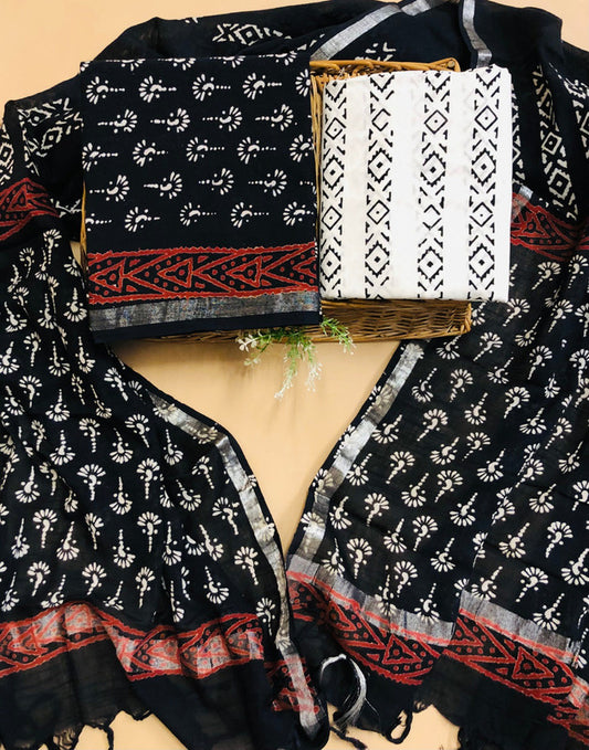 Black & White Coloured Unstitched Linen Cotton Block Printed Women Party/Daily wear Dress Material Suit- Top with Bottom & Linen Dupatta!!