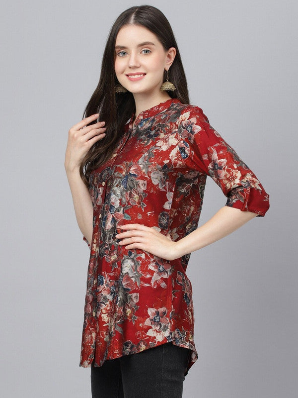Maroon & Multi Coloured Premium Muslin Floral Printed Mandarin Collar Roll-Up Sleeves Women Party/Daily wear Western Shirt Style Top!!