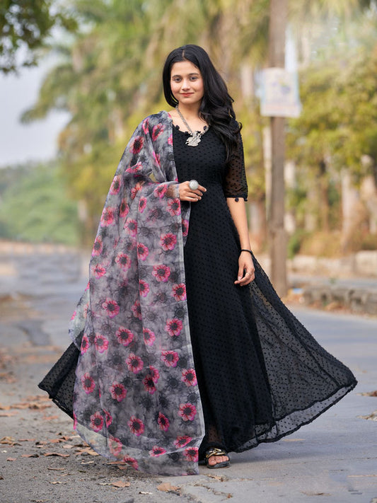 Black Heavy faux Georgette Designer Party wear Full Flair Gown Kurti with Digital print Dupatta!!