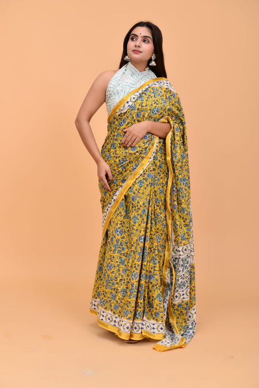 Mustrad Yellow & Multi Coloured Pure Cotton with Beautiful Jari Border Printed Women Party/Daily wear Designer Cotton Saree with Blouse!!