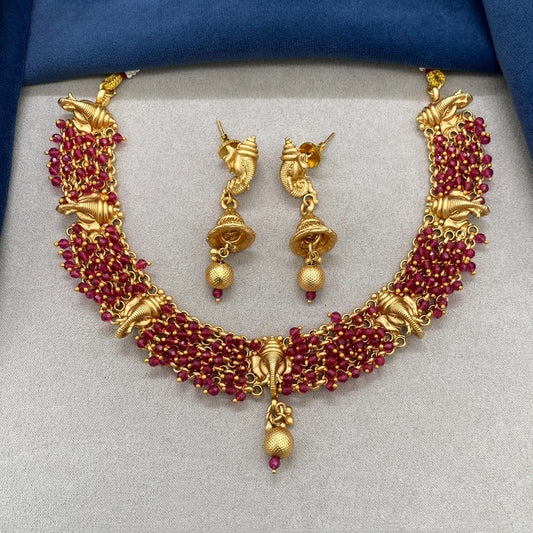 Beautiful Maroon & Gold Coloured Premium Quality Pure Brass Gold Plating Ganesha Designer Necklace Jewellery set with Earrings!!