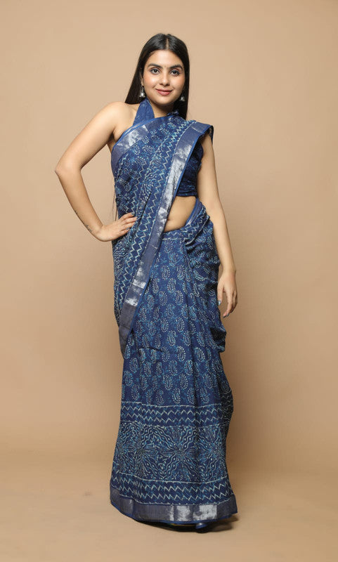 LINEN HAND BLOCK PRINT SAREE