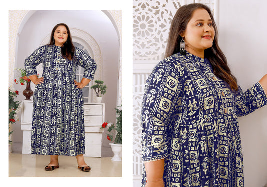 Navy Blue & Off White Coloured Premium Rayon Printed 3/4 Sleeves Round Neck Women Designer Party/Daily wear Long Gown Kurti!!