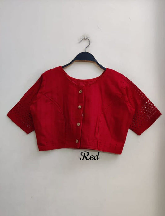 Red Coloured Jaipuri Goli Hakoba Boat Neck Ready made Blouse with Wooden Button!!