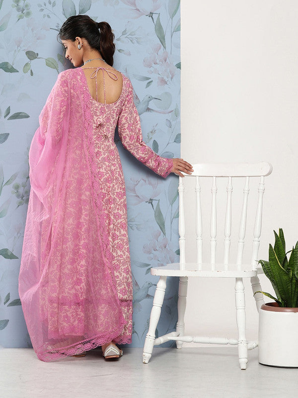 Pink Cotton Floral printed A-line shape Kurta with Trousers & Dupatta!!