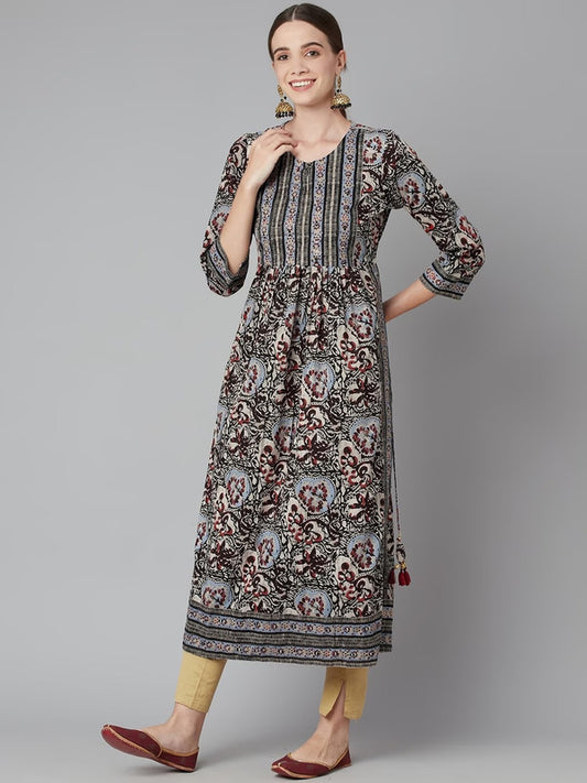 Grey & Multi Coloured Floral Printed Round neck Three-quarter Sleeves Women Designer Party/Daily wear Cotton Straight shape Kurti!!