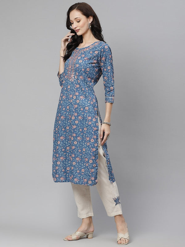 Blue Ethnic Motifs Printed Pure Cotton Straight shape Party wear Kurti with Trousers!!