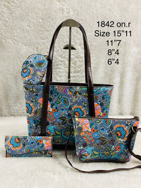 Grey & Multi Coloured Pure Cotton Printed Women Hand Bang- 4 PCS Combo( Tote Bag, Sling Bag, Envelop Purse & Key Pouch)!!