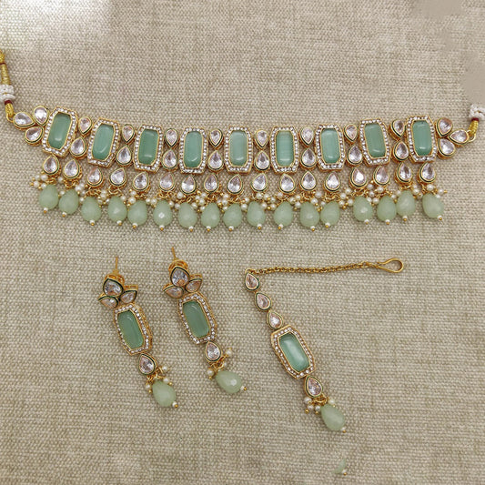 Beautiful Pista Green Gold plating Kundan Jewellery Choker  set with Earrings and Matha Patti!!