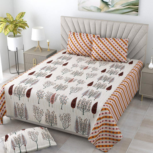 White & Brown Coloured Pure Cotton Exclusive Hand Print Queen size Double Bed sheet with Pillow covers!!