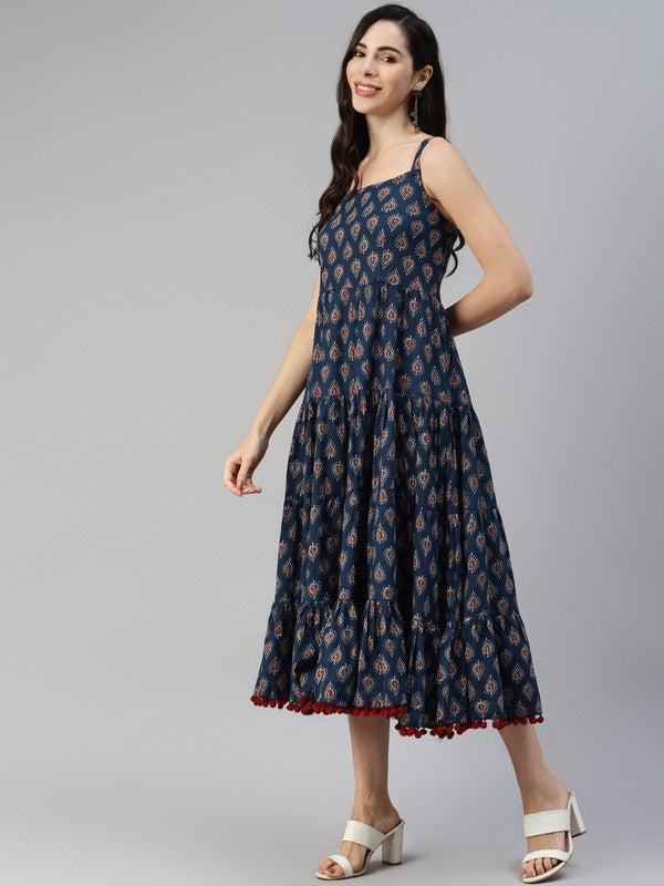 Navy Blue Coloured Pure Cotton Ethnic Motifs A-Line Sleeveless Shoulder straps Women Party/Daily wear Western Midi Dress!!