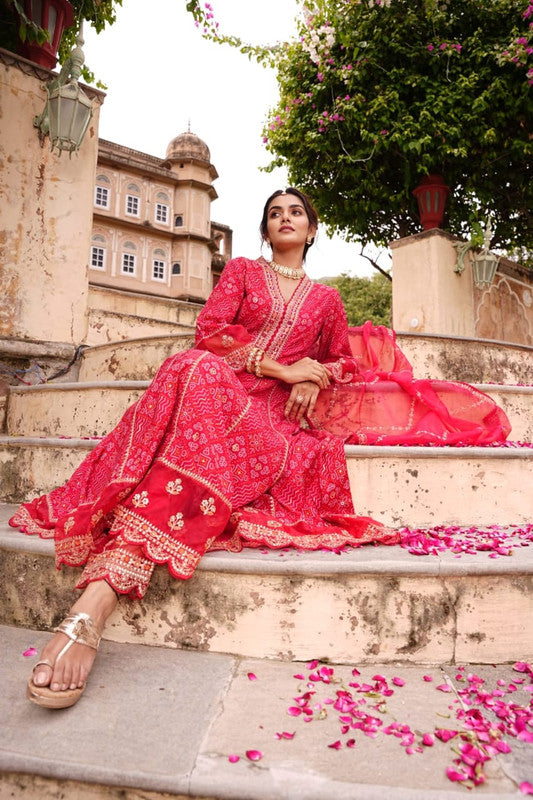 Red Coloured Premium Rayon with Embroidery lace work Women Designer Party wear Anarkali Kurti with Pant & Dupatta!!