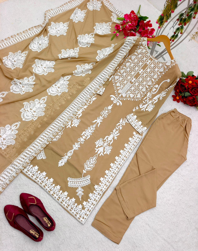 Beige & White Coloured Faux Georgette with Embroidery Work Women Designer Party wear Kurti with Bottom & Dupatta!!