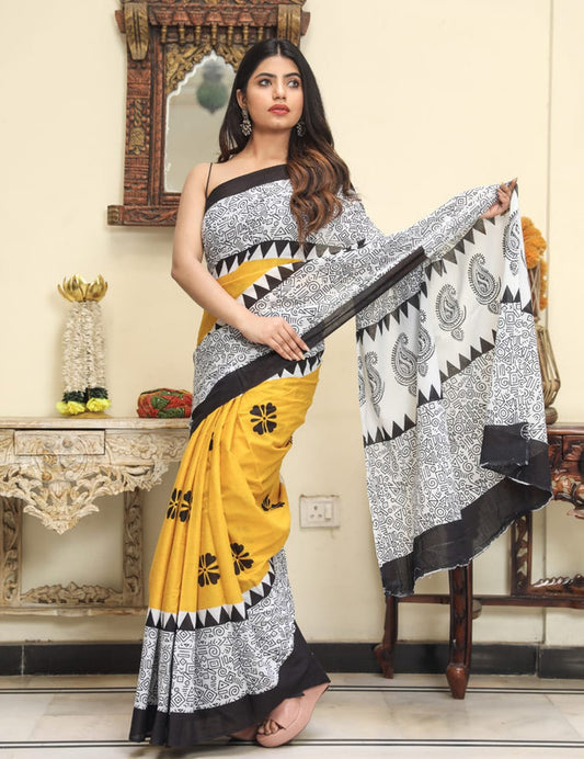 Yellow & Grey Coloured Beautiful Hand Block printed Women Daily/Party wear Pure Mul Cotton Saree with Blouse!!