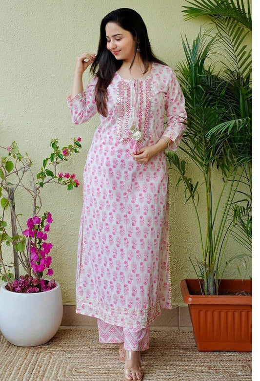 Pink & White Coloured Heavy Rayon Sequence katha and bijiya lace Round Neck 3/4 Sleeves Women Designer Party/Daily wear Kurti with Bottom!!