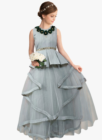 Grey Coloured Girls Softnet Hand work flower Butta & Original Mirror work Gown!!