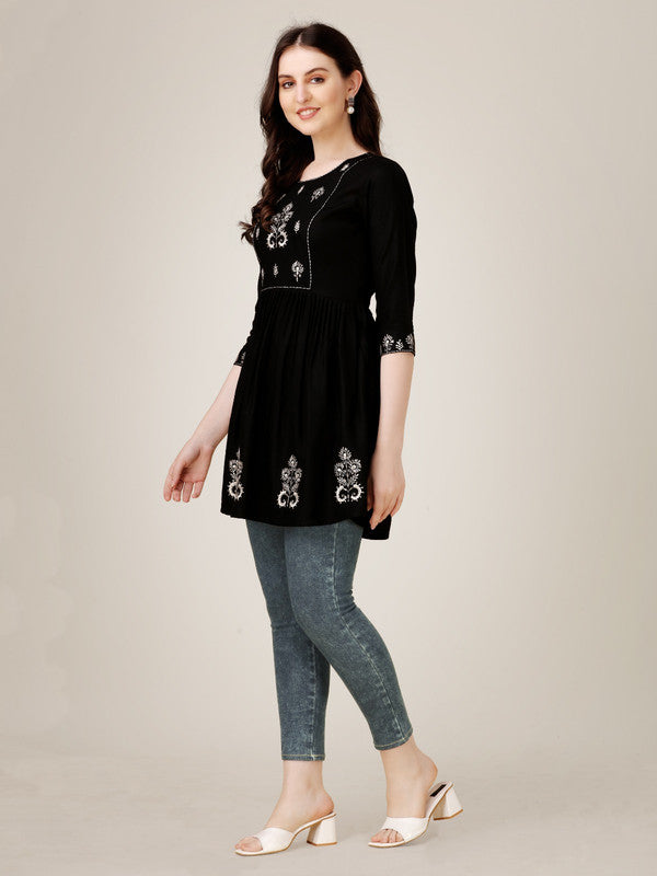 Black Coloured Premium Rayon with Embroidery & Sequence Work Round Neck 3/4 Sleeves work Women Party/Daily wear Western Top!!