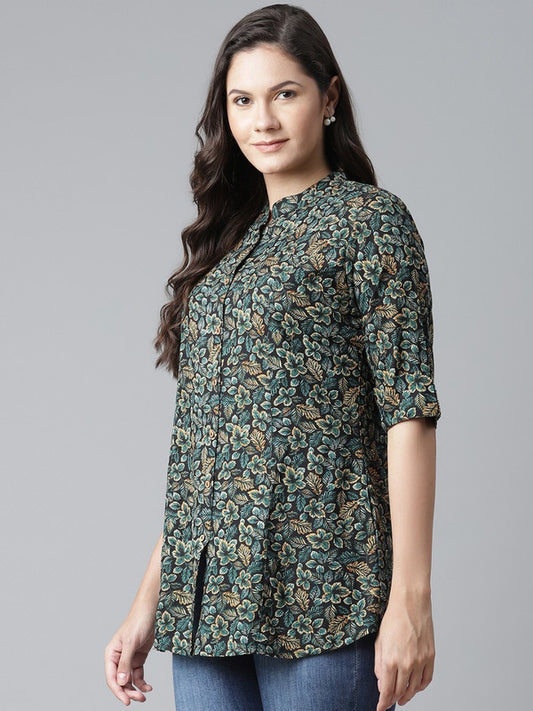 Navy blue & green floral printed opaque Mandarin collar shirt style top!!