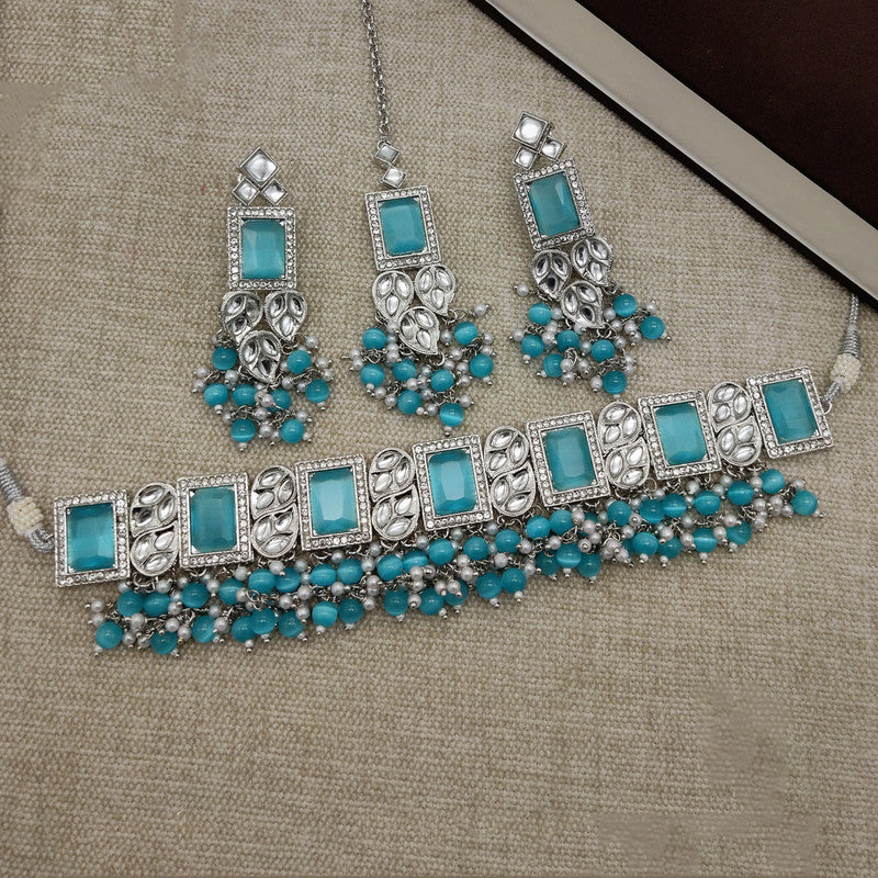 Sky Blue & Pink Coloured Premium Silver Plating Real Kundan with Pearls Women Choker set with earrings & Maatha Patti!!