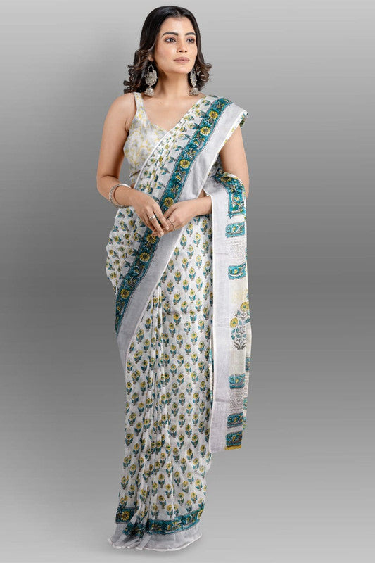 White & Multi Coloured Linen Cotton Beautiful Hand Block printed Women Daily/Party wear Saree with Blouse!!